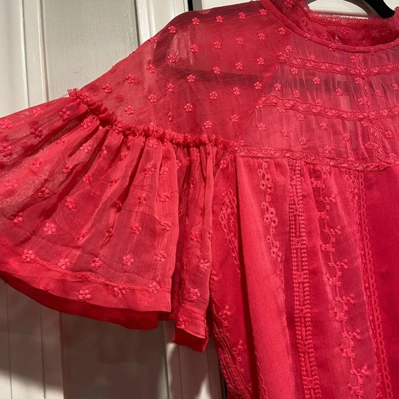 Aqua Pink High Neck Ruffle Sleeve Embroidered Flowy Babydoll Blouse Size M - Picture 4 of 11